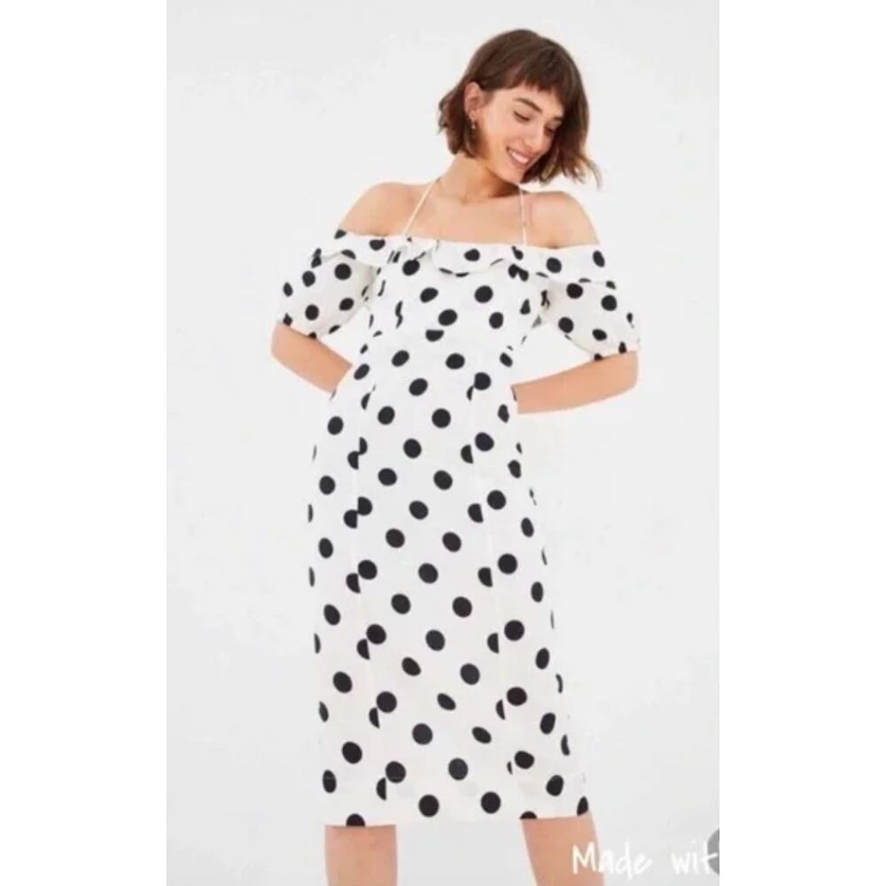 FARM Rio White Off-Shoulder Midi Dress with Black Polka Dots